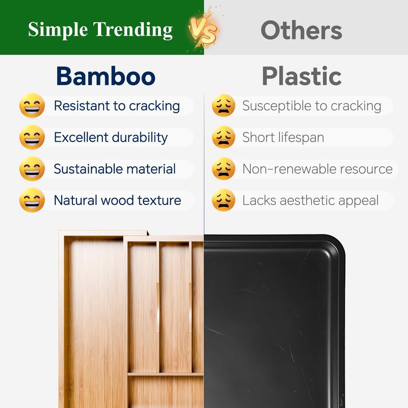 Simple Trending Bamboo Kitchen Drawer Organizer, Expandable Silverware Organizer, Utensil