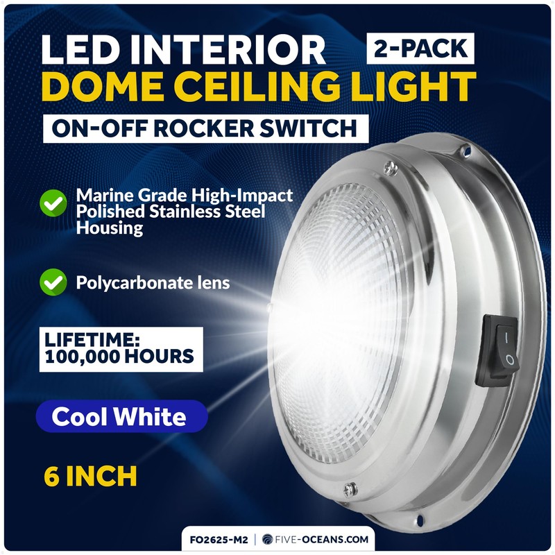 Five Oceans 6-Inch LED Marine Interior Dome Light, 2-Pack Round