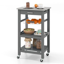 Giantex Kitchen Island Cart, Rolling Kitchen Storage Cart with Stainless Steel Tabletop, Drawer, Basket and Shelf, Utility Service Cart on Wheels for Restaurant Hotel, Gray