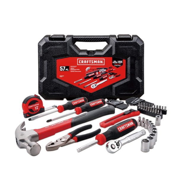 CRAFTSMAN Home Tool Kit / Mechanics Tool Set, 57-Piece, Hammer, Screwdrivers, Drill Bits, Sockets, Ratchet, Hex Keys, Tape Measure, Pliers and More (CMMT99446)