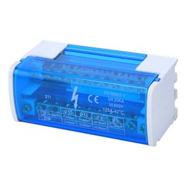 Terminal Distribution Box, Din Rail Mount 125A / 500V 2x11 Position Terminal Block Distribution Module, 2-Level Single Phase with Transparent Dust Cover 211
