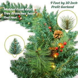 9FT Christmas Garland Decoration Prelit Christmas Garland with 100 Lights Battery Operated Lighted Garland with Pine Cones Red Berries Cedar Lush 282 Branches Garland for Mantle Stairs Door Tree Timer