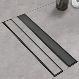 Kuaisailsk Linear Shower Drain ，with Tile Insert Panels ，28 Inch Black 304 Stainless Steel Rectangle Shower Floor Drain，with Hair Catcher, Adjustable Feet，Fits Bathroom, Balcony