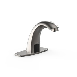 PRIMSOPH Automatic Motion Sensor Hands Free Electronic Infrared Smart Commercial Touchless Bathroom Sink Faucet with Cover Plate Temperature Mixer Battery or Plug-in Powered Brushed Nickel