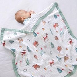 Jay & Ava Baby Muslin Blanket 42” x 42”, Soft Toddler Cotton Baby Blankets for Boy, 4 Layers Bed Muslin Throw for Baby Crib, Large Baby Receiving Blanket - (Green Winter Forest)