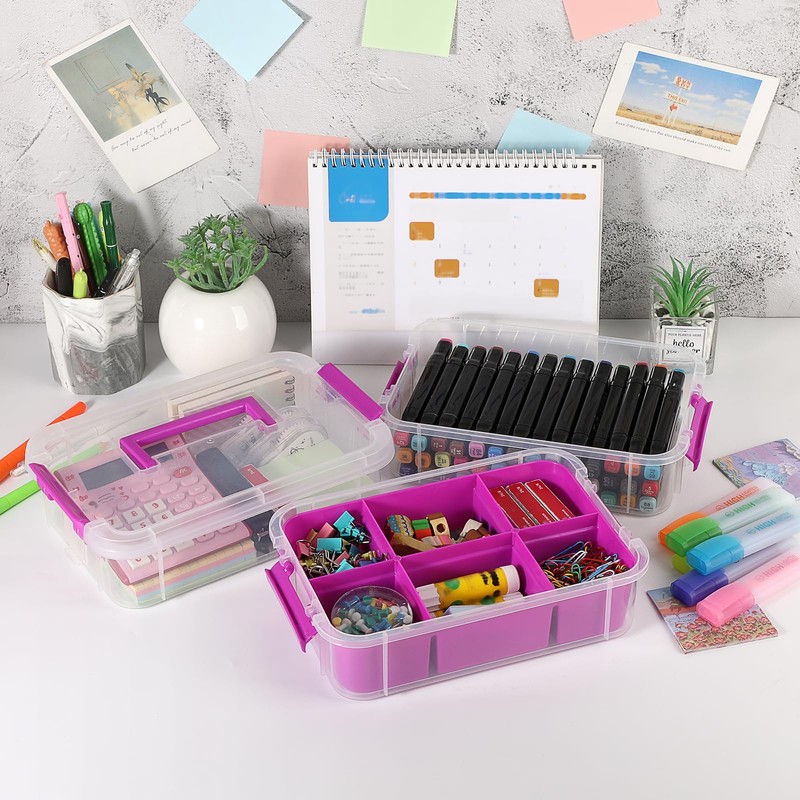 JUXYES 3-Tiers Stack Carry Storage Box With Divided Tray, Transparent