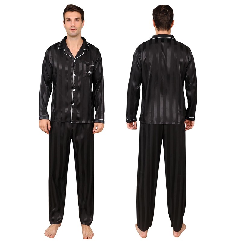 RuanMM Mens Satin Long Sleeve Silky Pajamas Premium Button Down
