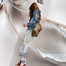 DingDing Vol6-17 Matte PET Tape Stickers, 1.57 IN x 10.94 YD, Original Design Vintage Casualness Girl for Scrapbook, Junk Journal, Bullet Journal Supplies