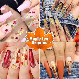 6 Grids Fall Nail Art Stickers 3D Maple Leaf Nail Glitter Sequins Holographic Fall Glitter Leaves Autumn Nail Decals Gold Yellow Orange Red Fall Nail Design Charms Thanksgiving Nail Accessories