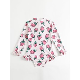 JZyangmei Girls Swimsuit Long Sleeve Bathing Suits for Girls One Piece Rash Guard Ruffle Zipper Cute Swimsuits Strawberry 5t Swimsuit Girl Size 6