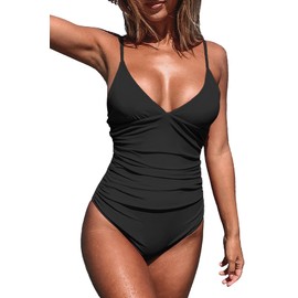 CUPSHE Women's One Piece Swimsuit Tummy Control V Neck Bathing Suits XS Black