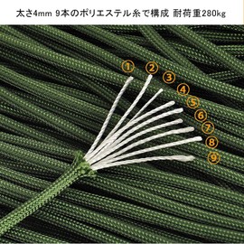 Paracord 9 Cores, 0.2 inches (4 mm), Tent Rope, 66.8 ft (30 m), Guy Line, Load Capacity 617.6 lbs (280 kg), Parachute Cord, Camping & Outdoor Use, Handmade Accessory Rope, DIY Braiding, Pet Collar