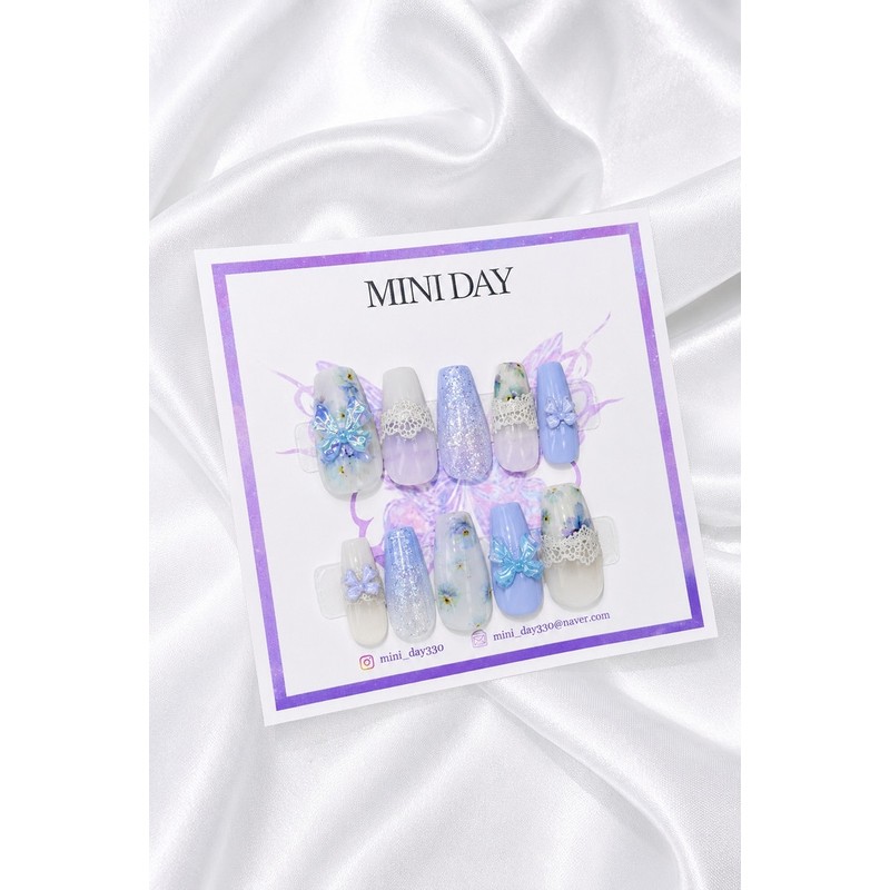 Blue Fairy Ribbon Handmade Nail Tips - Long Stiletto /