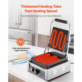 VEVOR Commercial Panini Grill, 1800W Electric Sandwich Panini Maker, Stainless Steel Sandwichs Press Grill with Handle and Temp Control, 8.8x9 in Full Grooved Enamel Plate for Hamburger Steak Bacon