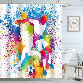 Moslion Football Players Bathroom Curtains Rainbow Splashes Sports Home Decoration Waterproof Fabric Shower Curtain with Hooks 72x72 Inch