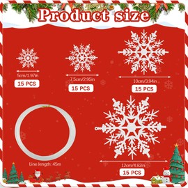 JUNMEIDO 60 PCS Snowflake Hanging Ornaments White Plastic Snowflakes Christmas Tree Pendants Snowflakes Xmas Hanging Snowflake Decorations with Craft Wire for Christmas Tree Party Decor（2/3/4/5 Inch）