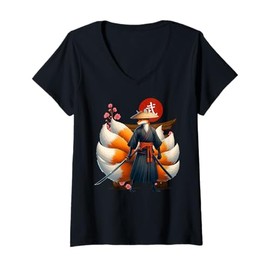 Womens Samurai Kitsune Fox Japan Folklore Aesthetic Culture V-Neck T-Shirt