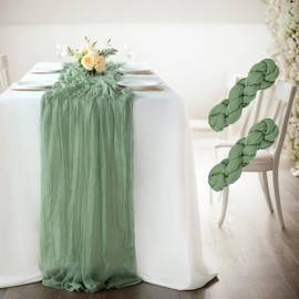 Cheese Cloth Table Runner, 2 Pack 90 x 400CM Boho Gauze Fabric Long Table Runner, Sage Green Rustic Sheer Runner for Wedding, Bridal Shower Party Decoraiton