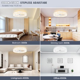 VOLISUN Modern Ceiling Fans with Lights and Remote, 19.7in Low Profile Ceiling Fan Flush Mount, 3000K-6500K Dimmable Bladeless LED Fan Light, White Fandelier Ceiling Fans with Lights for Bedroom