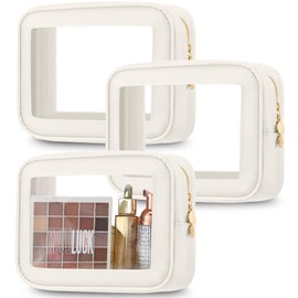 Abbylike 3 Pcs Clear Makeup Bags Travel Cosmetic Organizer Case Nylon Toiletry Bag with Zipper PVC Transparent Makeup Pouch Portable Storage Car Essentials for Women Gifts(Cream White)