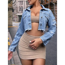 FairBeauty Women's Washed Distressed Denim Jacket Long Sleeve Ripped Button Up Cropped Jean Jacket