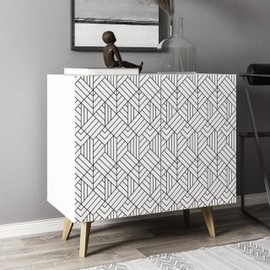 Galano Capson Mondrian Sideboard Buffet Kitchen Storage Cabinet with Decorated Doors, Dining Room, Hallway, Cupboard Console Table, Accent Cabinet, 16.22" D x 30.94" W x 31.26" H, White