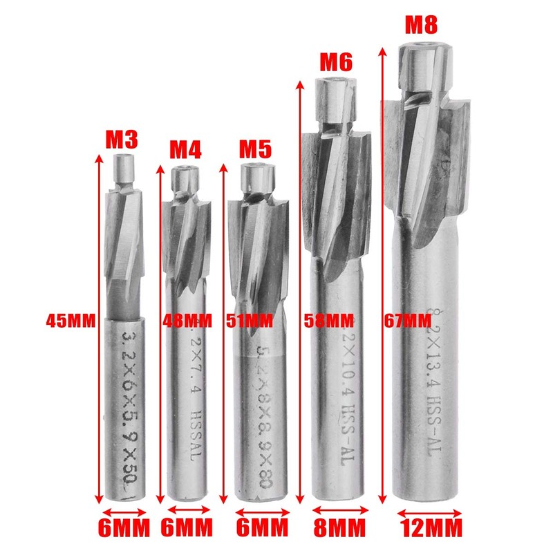 ZDSFSD 5Pcs HSS Counterbore End Mill M3-M8 Pilot Slotting Tool