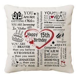 HKTNGEX Birthday Cushion Cover Gift,Happy Birthday Throw Pillow Cover Pillowcase For 10th 11th 12th 13th 14th 15th 16th 17th18th...Daughter Son Sisters Mom Dad Friends Reminder Home Decor (15th)