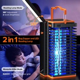 Kiies Bug Zapper for Indoor Outdoor, Solar-Powered Mosquito Trap, Cordless Rechargeable 4200V Mosquito Killer with 4000mAh Battery, Built-in Reading Lamp, Ideal for Home, Patio, Camping, and Backyard