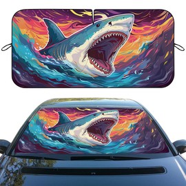 Shark Car Windshield Sunshade Folding Ocean Fish Cartoon Graffiti Heatshield Front Window Car Sun ​Shade Windshield Rays Sun Shade Visor Protector for Car Sedan Truck SUV Accessories 59" L x 31.5" W