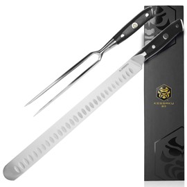 Kessaku 12-Inch Carving Slicing Knife & 7-Inch Meat Fork Set - Dynasty Series - Forged ThyssenKrupp German HC Steel Granton Edge - G10 Resin Full Tang Handle with Blade Guard