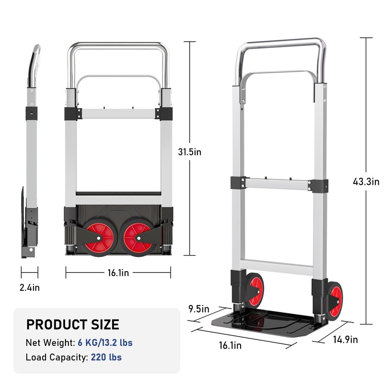 Folding Hand Truck, Dolly Cart with Wheels Foldable, 220LBS Hand