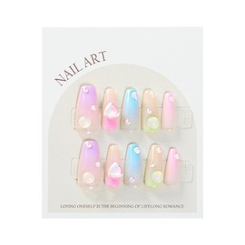 Handmade Ombre Press On Nails 3D Heart Love Artificial Gradient False Nails Long Coffin Glue on Fake Nails Manicure Kit 10pcs