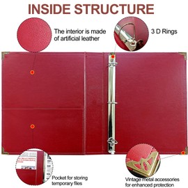Beautyus Vintage Leather 3 Ring Binder, 2 Inch D Ring, Holds 8.5" x 11" Paper Letter Size, Brass Corner Protectors, Faux Leather Cover, Professional Office & School Binder (1 Pack, Red, 2 Inch)