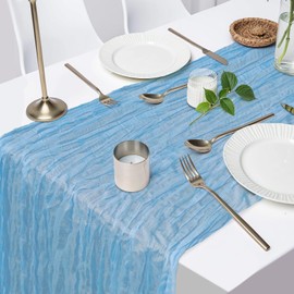 10FT 6 Pack Blue Cheesecloth Table Runner Romantic Boho Rustic Gauze Baby Blue Summer Cheese Cloth Table Runners 35x120 inchs Decor for Wedding Bridal Baby Shower Party Birthday Home Decorations