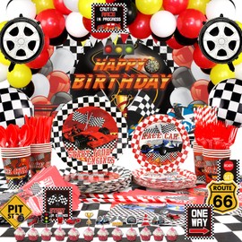 Race Car Birthday Party Decorations - Happy Birthday Racing Car Backdrop, Balloons, Tableware, Car Party Signs, Table Cover for Kids Boys Let's Go Racing Party, Checkered Party Supplies, Serves 20