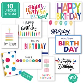 100 Birthday Cards, Happy Birthday Cards Bulk with Short Message Inside, 5x7 Inch Thick Card Stock Assorted Birthday Cards with Envelopes,10 Unique Designs for Men and Women.