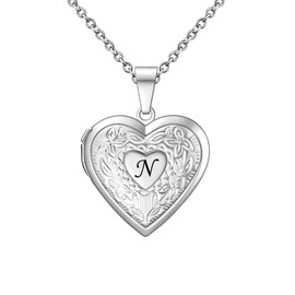 KunBead Heart Picture Locket Pendant Necklace Letter N Initial Photo Locket Necklaces for Picture