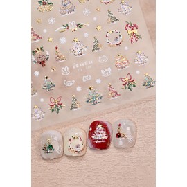 Christmas Nail Art Stickers 5D Embossed Shiny Gold Xmas Tree Nail Stickers Bell Star Holly Canes Wreath Snowflake Nail Decals for Women Girls Winter Holiday Manicure DIY Nail Supplies