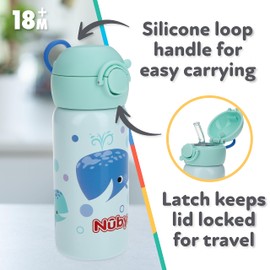 Nuby Thirsty Kids No Spill Flip-It Active Stainless Steel Travel Cup or Water Bottle - 14 Oz - 18+ Months - Mint Whale