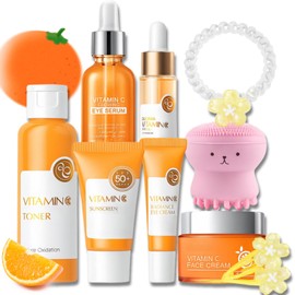 Vitamin C Skincare Set, Skincare Set Vitamin C Teen Girls Gifts, Skincare for Teens 10-12, Gift Set for Teenage Girls, hydrating routine with cleanser, serum, cream, headband, cleansing brush