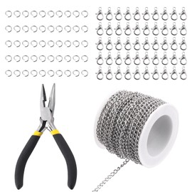 Rustark 102Pcs 4mm 30 Feet White K Jewelry Making Chains Kit Thin Necklace Bracelet Chain Twisted Links Curb Chain with Jump Rings Lobster Clasps and Pliers for Bracelet Necklace Jewelry Making