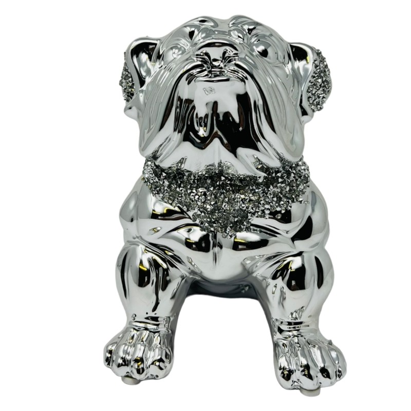 LondonMart Crushed Diamond Silver Bull Dog Ceramic Sparkly Crowned Puppy
