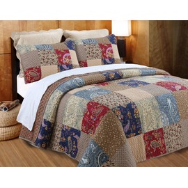 Cozy Line Home Fashions Sanders Red Navy Blue Brown Floral Print Real Patchwork, 100% Cotton Reversible Coverlet, Bedspread, Quilt Bedding Set for Women (Red/Navy, Queen - 3 Piece)