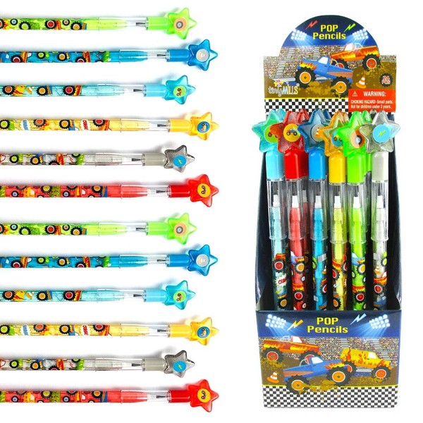 TINYMILLS 24 Pcs Monster Truck Multi Point Stackable Pencil with Eraser for Monster Truck Birthday Party Favor Prize Carnival Goodie Bag Stuffers Classroom Rewards Pinata Fillers