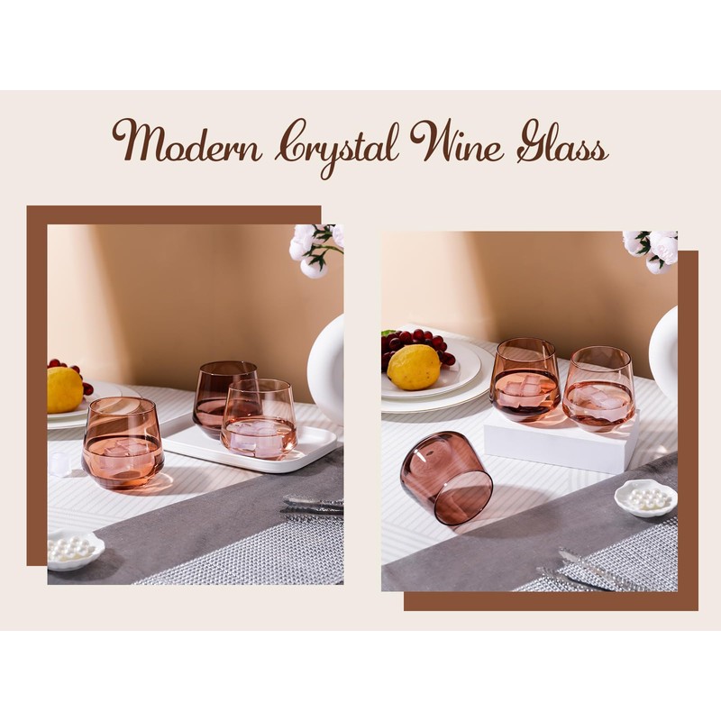Colorsavant Venus Stemless Brown Wine Glasses Set 6-14oz, Melanin Colored,