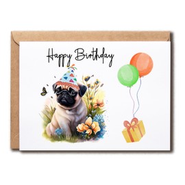 ABSMDesigns Pug Birthday Card - Cute Pug Dog Card - Dog With Balloons Card - Pug Happy Birthday Card - Happy Card