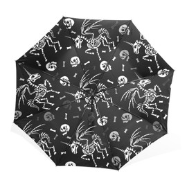 Hand Foldable Umbrella, Travel UV Protection Sun Parasol, Strong Inner Print Rain Folding Umbrella Print Pegasus with Horn Unicorn Wings Skeleton