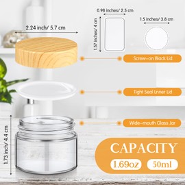 Layhit 48 Pcs 50 ml Cosmetic Glass Jars with Lids 1.69 oz Small Jars with Plastic Woodgrain Lids, White Labels and Inner Liners Empty Round Cosmetic Containers for Creams Lotions Powder Candle Making