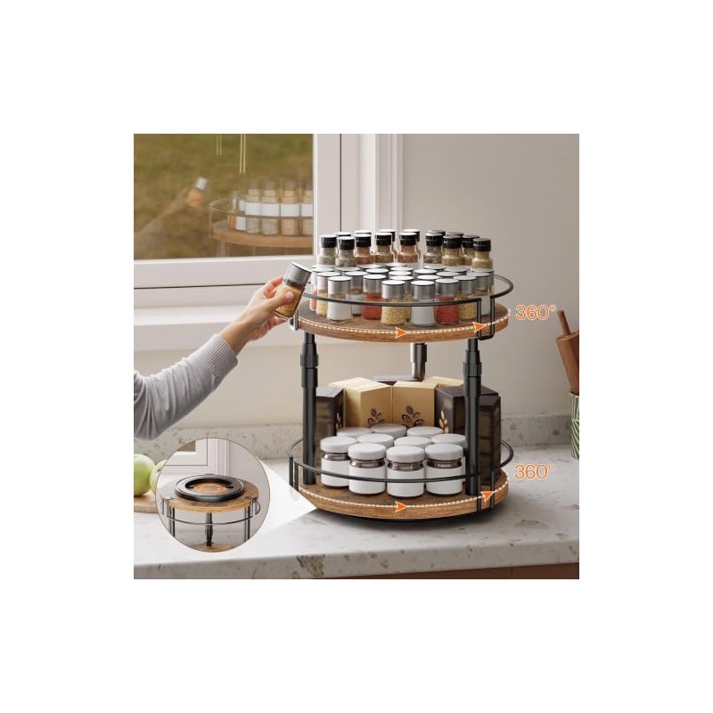 HOOBRO Spice Rack, Kitchen Rack, 2-Tier Height Adjustable, Rotating Spice